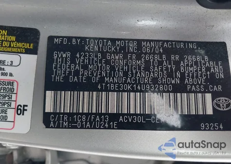 2004 Toyota Camry Xle из США, поврежденный, VIN 4T1BE30K14U932800